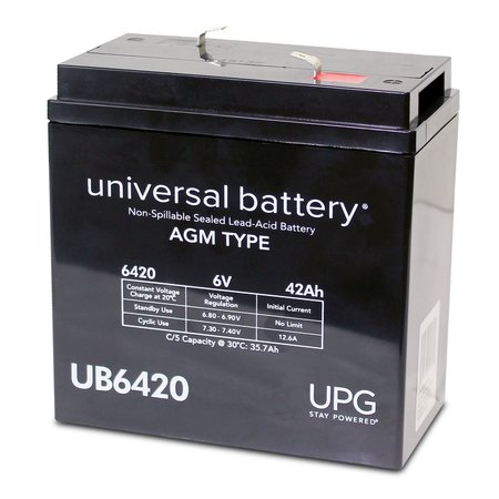 UPG Sealed Lead Acid Battery, 6 V, 42Ah, UB6420, F2 Faston Tab Terminal, AGM Type 40560